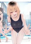  1boy 2girls :d bare_arms bare_shoulders black_one-piece_swimsuit blonde_hair blue_nails breasts closed_eyes commentary_request day haru_(rerrere) highres large_breasts leaning_forward medium_hair multicolored_hair multiple_girls one-piece_swimsuit original outdoors pink_nails pool rerrere roots_(hair) smile solo_focus swimsuit wet 