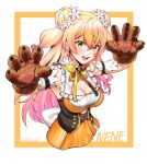  1girl absurdres animal_hands arm_garter artist_name artpatient bell blonde_hair border bow bowtie breasts brown_bow brown_bowtie brown_corset character_name cleavage cleavage_cutout clothing_cutout commentary corset cropped_legs crossed_bangs cutout_above_navel double_bun english_commentary flower frilled_shirt frills gloves gradient_hair green_eyes hair_bun hair_flower hair_ornament hands_up highres hololive large_breasts long_hair looking_at_viewer medium_breasts momosuzu_nene momosuzu_nene_(1st_costume) multicolored_bow multicolored_bowtie multicolored_hair neck_bell open_mouth orange_border orange_bow orange_bowtie orange_shirt orange_skirt outside_border paw_gloves peach_ornament pink_hair shirt sidelocks simple_background skirt sleeveless smile solo teeth two_side_up underbust upper_teeth_only virtual_youtuber white_background yellow_bow yellow_bowtie 
