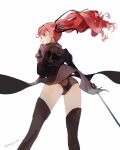  1girl ass black_jacket black_leotard black_ribbon commentary_request from_behind from_below gloves hair_ribbon highres holding holding_weapon jacket leotard long_hair long_sleeves persona persona_5 persona_5_the_royal ponytail red_eyes red_gloves red_hair ribbon sabasyaruef simple_background solo twitter_username violet_(persona_5) weapon white_background yoshizawa_kasumi 