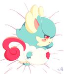  2017 anthro bed_sheet bedding bibitto_(cocotama) blue_fur clothed clothing cocotama eyelashes featureless_limbs fur himitsu_no_cocotama looking_at_viewer looking_back lying multicolored_fur on_front open_mouth panties raised_leg rear_view red_eyes solo tan_fur two_tone_fur underwear zeru_(ma) 