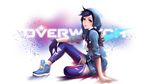  alternate_costume alternate_hair_color bangs black_hair brown_eyes brown_hair gloves graffiti graffiti_tracer harness highres hood hood_up hoodie leggings looking_at_viewer overwatch paint_splatter qiu_yeliangfeng shoes short_hair simple_background single_glove sneakers solo swept_bangs tracer_(overwatch) 