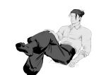  1boy absurdres artist_name closed_mouth covered_pectorals crossed_legs dated full_body geto_suguru hair_bun hair_pulled_back highres invisible_chair jujutsu_kaisen looking_at_viewer male_focus no_shoes orz_orz_tu pants pectorals plug_(piercing) shirt_tucked_in short_hair simple_background single_hair_bun sitting sleeves_pushed_up socks solo white_background 
