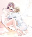  2girls bare_legs barefoot between_legs blonde_hair blush book brown_hair closed_mouth couple curtains eye_contact feet floating_curtains floral_print floral_print_shirt full_body half_updo highres holding holding_book indoors kabedon leaning_forward long_hair long_sleeves looking_at_another multiple_girls no_pants on_floor ooshima_towa open_book original parted_lips pillow pink_shirt pink_shorts print_shirt shirt short_shorts shorts smile soles three-quarter_sleeves toes white_shirt window yuri 