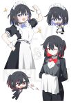  2girls absurdres alternate_costume apron arm_up black_choker black_dress black_hair black_pants black_shoes black_suit black_survival black_vest blue_bow blue_bowtie blue_eyes blue_hair bow bowtie butler chibi choker collared_shirt colored_inner_hair cup debi_(black_survival) dress eternal_return:_black_survival hagoonha highres holding holding_towel maid maid_headdress marlene_(black_survival) multicolored_hair multiple_girls official_alternate_hairstyle one_eye_closed open_mouth pants red_bow red_bowtie red_eyes red_hair shirt shoes short_hair sparkle suit teapot towel tray two-tone_hair vest white_apron white_background white_shirt white_wrist_cuffs wrist_cuffs 