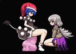  bangs bare_legs blue_eyes blue_hair blush boots brown_footwear clothes_pull commentary_request doremy_sweet dream_soul dress eyebrows_visible_through_hair from_side grey_hair grey_wings hat jacket kishin_sagume lowres multiple_girls nightcap no_shoes pixel_art pom_pom_(clothes) pulled_by_self purple_dress red_eyes short_dress short_hair short_sleeves single_wing sitting skirt skirt_lift socks squatting tail takorin tapir_tail touhou white_legwear wings yuri 