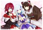 3girls :d absurdres akiakiyo ange_katrina ange_katrina_(1st_costume) animal_ears animal_hair_ornament apron armband black_coat blue_armband blue_eyes blue_hair blue_neckerchief blue_thighhighs blunt_bangs blush brown_hair brown_kimono brown_sash cardigan cherry_blossoms closed_mouth coat collared_dress collared_shrug colored_inner_hair commentary_request contrast_collar dog_ears dress dutch_angle finger_counting flower frilled_apron frilled_sleeves frills gradient_eyes group_picture hair_between_eyes hair_flower hair_intakes hair_ornament hand_up heterochromia highres holding holding_flower inui_toko inui_toko_(1st_costume) japanese_clothes kimono lize_helesta lize_helesta_(1st_costume) long_hair long_sidelocks looking_at_viewer maid_headdress medium_hair multicolored_eyes multicolored_hair multiple_girls neckerchief nijisanji obi obiage obijime off_shoulder open_mouth own_hands_together pink_background pink_flower purple_eyes red_cardigan red_eyes red_hair red_skirt sanbaka_(nijisanji) sash shirt short_dress shrug_(clothing) sidelocks simple_background skirt sleeves_past_wrists smile streaked_hair teeth thighhighs triangle_hair_ornament two-tone_hair upper_teeth_only very_long_hair virtual_youtuber waist_apron white_apron white_dress white_hair white_headdress white_shirt white_shrug white_skirt yellow_eyes 