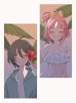  1boy 1girl bellri_zenam bikini bindi black_hair bow closed_eyes commentary_request flower frilled_bikini frills frown grin gundam gundam_g_no_reconguista hair_bow highres hood hood_down hoodie navel noredo_nug one_eye_closed pink_hair sbr_ghn smile swimsuit 