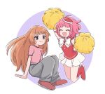  2girls bindi bow brain_powered brown_hair commentary_request gundam gundam_g_no_reconguista hat highres long_hair miniskirt multiple_girls noredo_nug open_mouth pants pink_hair pom_pom_(cheerleading) sbr_ghn sitting skirt smile utsumiya_hime 