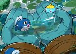  bug commentary_request crack golem golurk hand_focus highres holding holding_pokemon lettuce_no_hito lily_pad looking_at_another lotad pokemon pokemon_(creature) poliwag pov reflection reflective_liquid surskit tadpole tadpole_tail tail water water_strider 