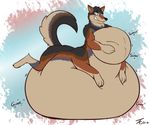  2017 belly belly_expansion big_belly black_claws black_nose brown_eyes brown_fur brown_tail canine claws coyote digital_media_(artwork) eyebrows fur gradient_background grey_fur grey_tail hand_on_stomach hyper hyper_belly inflation iron99 male mammal multicolored_fur multicolored_tail onomatopoeia quadruped signature simple_background smile smirk snout solo sound_effects tan_fur tan_tail tanio taur teeth 