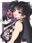  1girl black_eyes black_gloves black_hair checkered_clothes commentary_request donut food fujimine_(madan_no_ichi) gloves highres holding holding_donut holding_food kayowacool007 long_hair looking_at_viewer madan_no_ichi mole mole_under_each_eye mole_under_eye multiple_moles open_mouth shirt smile solo two_side_up upper_body 