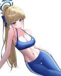  1girl absurdres bare_shoulders blonde_hair blue_archive blue_bow blue_bra blue_eyes blue_halo blue_pants blush bow bra breasts cleavage commentary hair_bow halo hand_on_own_thigh high_ponytail highres large_breasts long_hair looking_at_viewer midriff navel pants ponytail simple_background solo sports_bra sportswear tight_clothes tight_pants toki_(blue_archive) underwear white_background won_(won3355) yoga_pants 