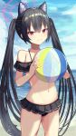  1girl absurdres animal_ears ball bao_(s_888) bare_shoulders beachball bikini black_bikini black_hair blue_archive blue_sky cat_ears cat_girl character_print closed_mouth commentary_request cowboy_shot day extra_ears frilled_bikini frills hair_between_eyes halo hands_up highres holding holding_ball holding_beachball long_hair looking_at_viewer navel ocean off-shoulder_bikini off_shoulder official_alternate_costume outdoors peroro_(blue_archive) red_eyes red_halo serika_(blue_archive) serika_(swimsuit)_(blue_archive) sidelocks sky smile solo stomach straight_hair swimsuit thighs tsurime very_long_hair 