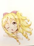  ;o blonde_hair bow brown_eyes chestnut_mouth colored_pencil_(medium) commentary_request drill_hair eromanga_sensei eyebrows_visible_through_hair face hair_bow head_tilt highres long_hair looking_at_viewer one_eye_closed open_mouth portrait red_bow sidelocks solo to_ufu@to_ufu traditional_media v-shaped_eyebrows yamada_elf 