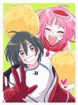  1boy 1girl ahoge bellri_zenam bindi black_hair bow closed_eyes commentary_request grin gundam gundam_g_no_reconguista hat highres mecha_pilot_suit noredo_nug normal_suit_(gundam) open_mouth pink_eyes pink_hair pom_pom_(cheerleading) sbr_ghn smile v 
