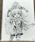  1girl :d american_flag american_flag_dress american_flag_print clownpiece commentary_request dress fairy fairy_wings flag_print greyscale hat highres holding holding_torch jester_cap long_hair looking_at_viewer monochrome neck_ruff nene_man open_mouth pantyhose photo_(medium) polka_dot_headwear short_sleeves signature smile solo star_(symbol) star_print striped_clothes striped_dress striped_pantyhose torch touhou traditional_media very_long_hair wings 