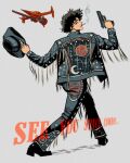  1boy alternate_costume black_boots black_eyes black_hair boots cigarette clothes_writing cowboy_bebop cowboy_hat crescent_print dancing denim denim_headwear denim_jacket emwjpg english_commentary english_text fringe-trimmed_jacket fringe-trimmed_pants fringe_trim gold_ring grey_background gun half-closed_eyes handgun hands_up hat highres holding holding_gun holding_unworn_clothes holding_unworn_hat holding_weapon jacket jeans jewelry legs_apart looking_back male_focus mouth_hold multiple_rings open_clothes open_jacket pants planet_print print_hat print_jacket print_pants profile ring silver_ring smoke solo spacecraft spike_spiegel star_(symbol) star_print unworn_hat unworn_headwear weapon 