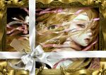  1girl absurdres blonde_hair border bow braid closed_mouth commentary english_text expressionless eye_print floating_hair floating_ribbon gift_tag gold_border green_eyes hair_behind_ear hair_over_one_eye hair_ribbon half_updo hatena_(nazequestion) highres long_hair looking_at_viewer multiple_braids original ornate_border painterly pale_skin pink_ribbon portrait print_ribbon red_lips ribbon shirt signature solo straight_hair tri_braids turning_head unraveling white_bow white_ribbon white_shirt 