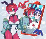  1boy 1girl adapted_costume amate_yuzuriha animal_ears aqua_eyes blue_hair blush bodysuit breasts cellphone closed_mouth colored_inner_hair commentary_request couple ensign_(i_can_friday_by_day!) fake_animal_ears gloves gundam gundam_gquuuuuux hair_ornament hetero highres holding holding_phone i_can_friday_by_day! jacket long_sleeves looking_at_viewer mecha_pilot_suit multicolored_bodysuit multicolored_hair nontraditional_playboy_bunny normal_suit_(gundam) open_mouth phone purple_hair rabbit_ears rabbit_hair_ornament red_eyes red_hair science_fiction shellun8894 shirt short_hair shuji_ito sleeveless smartphone smile tank_top two-tone_hair white_shirt 