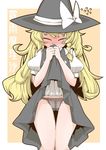  black_panties blush blush_stickers full-face_blush hat kirisame_marisa lace lace_panties lifted_by_self long_hair messy_hair panties skirt skirt_lift solo sweat tears thigh_gap touhou translation_request underwear witch_hat zannen_na_hito 