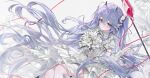 1girl absurdres bandages bandaid blood blood_bag bouquet detached_sleeves dress flower frills hair_between_eyes hair_ornament hair_ribbon hairclip highres holding holding_bouquet horns ixerx0 lily_(flower) long_hair long_sleeves looking_at_viewer original pointy_ears purple_eyes purple_hair ribbon solo twintails very_long_hair white_dress white_flower 