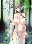  bangs blue_eyes blurry blush breasts breasts_apart closed_mouth collarbone commentary_request cowboy_shot depth_of_field earrings elf eyebrows_visible_through_hair forest grey_hair hand_up hayabusa hips holding holding_staff huge_breasts jewelry light_smile long_hair looking_at_viewer nature navel no_bra no_panties original outdoors pelvic_curtain pointy_ears revealing_clothes robe smile solo staff standing thighlet thighs very_long_hair 