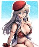  alisa_ilinichina_amiella amania_orz artist_name beret bikini blue_eyes blush breasts cleavage dated gloves god_eater god_eater_burst hat jacket jewelry large_breasts long_hair navel open_clothes open_jacket open_mouth red_bikini ring silver_hair simple_background sleeveless solo swimsuit twitter_username 