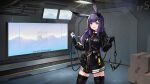  1girl animal_ears arknights black_bow black_choker black_dress black_gloves black_thighhighs bluedok_(o-ni) bow box cardboard_box choker commentary_request cowboy_shot day dress gloves grey_eyes heart highres holding indoors industrial_pipe lens_flare light_particles long_hair long_sleeves looking_at_viewer mixed-language_commentary open_mouth partial_commentary purple_hair qr_code rope_(arknights) short_dress smile solo standing thighhighs watermark window 