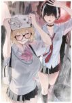  2girls aki_(rerrere) arm_up arms_up bag black-framed_eyewear black_choker black_hair black_skirt blonde_hair blush border bow bowtie breasts choker closed_eyes collared_shirt commentary_request cross cross_earrings diagonal-striped_clothes diagonal-striped_necktie earrings glasses haru_(rerrere) highres jewelry large_breasts miniskirt mole mole_under_eye multicolored_hair multiple_girls necktie original outdoors outside_border pink_bow pink_bowtie pleated_skirt rain red_necktie rerrere semi-rimless_eyewear shirt short_hair skirt striped_clothes striped_necktie two-tone_hair under-rim_eyewear wet wet_clothes wet_shirt white_bag white_border white_hair yellow_eyes 