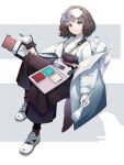  1girl animal_ears arknights brown_eyes brown_hair brown_overalls choker cigarette_p closed_mouth cosmetics full_body goggles goggles_on_head grey_background highres holding holding_brush jacket long_sleeves looking_at_viewer makeup_brush makeup_palette open_clothes open_jacket otter_ears otter_girl otter_tail overalls roberta_(arknights) shirt short_hair sitting smile solo tail white_background white_choker white_jacket white_shirt 
