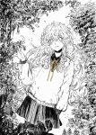  1girl black_shirt black_skirt bush cardigan charlotte_wiltshire commentary curly_hair curly_sidelocks grin hand_up hello_charlotte highres leaf light_blush long_hair long_sleeves looking_at_viewer messy_hair neck_ribbon no_pupils partially_colored plant qvadis ribbon shirt sidelocks skirt smile solo white_cardigan white_eyes white_hair yellow_ribbon 