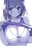  :3 bikini blush breasts cleavage kawakami_masaki large_breasts looking_at_viewer monochrome original shirt_lift short_hair sketch smile solo swimsuit tank_top 