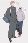  2boys alternate_universe bag black_jacket black_pants buttons denim drawstring earrings english_text gakuran grey_background hands_in_pockets height_difference highres hood hood_up hooded_jacket itadori_yuji jacket jeans jewelry jujutsu_kaisen jujutsu_kaisen_modulo male_focus multiple_boys open_fly pants pink_hair pinkuyuji red_shoes ryoumen_sukuna_(jujutsu_kaisen) school_bag school_uniform shoes short_hair shoulder_bag simple_background speech_bubble standing 