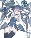  1girl absurdly_long_hair aqua_halo aris_(armed)_(blue_archive) aris_(blue_archive) armpits blue_archive blue_necktie commentary_request detached_sleeves hair_between_eyes halo headgear highres leotard long_hair long_hair_between_eyes mecha_musume mechanical_wings multicolored_leotard necktie official_alternate_costume pointing pointing_at_self rectangular_halo ringed_eyes short_necktie showgirl_skirt smile solo thrusters tojo_aoi twintails very_long_hair white_leotard wings 