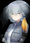  bad_id bad_pixiv_id black_background black_hair breast_hold breasts closed_mouth collared_shirt crossed_arms expressionless eyebrows_visible_through_hair green_eyes grey_neckwear grey_shirt head_wings highres kemono_friends large_breasts long_hair looking_at_viewer low_ponytail mao_ge multicolored_hair necktie orange_hair shirt shoebill_(kemono_friends) side_ponytail silver_hair simple_background solo tsurime upper_body white_neckwear 