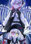  2girls belt beret black_choker black_coat black_hat bow choker closed_mouth coat collared_coat collared_shirt colored_tips flower flower-trimmed_sleeves gradient_hair gun gun_to_own_head hair_bow hair_flower hair_ornament hat hat_flower hat_ribbon headshot heterochromia highres holding holding_gun holding_weapon jogasaki_noah long_hair long_sleeves mahou_shoujo_no_majo_saiban multi-tied_hair multicolored_eyes multicolored_hair multiple_girls neck_ribbon nobuo_gotou off_shoulder pink_eyes pink_hair polka_dot polka_dot_bow red_eyes ribbon sakuraba_ema shirt short_hair skeletal_wings sleeveless sleeveless_coat spoilers streaked_hair weapon white_flower white_hair white_ribbon white_shirt white_sleeves wings witch_(manosaba) x_hair_ornament yellow_eyes 