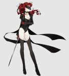  1girl absurdres black_boots black_jacket black_leotard boots breasts cleavage coattails expressionless full_body gloves grey_background highres holding holding_sword holding_weapon jacket leotard long_hair persona persona_5 persona_5_the_royal ponytail red_eyes red_gloves red_hair sabasyaruef simple_background solo sword tailcoat thigh_boots violet_(persona_5) weapon yoshizawa_kasumi 