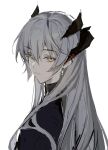  1girl arknights black_shirt closed_mouth commentary_request earrings expressionless grey_hair hair_between_eyes highres horns jewelry long_hair looking_at_viewer saria_(arknights) shenhuili shirt simple_background solo turtleneck very_long_hair white_background yellow_eyes 