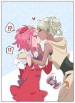  !? 2girls bindi blush bow closed_mouth commentary_request dark_skin green_hair gundam gundam_g_no_reconguista hair_bun hand_on_another's_head hand_on_another's_wrist heart highres kiss kissing_forehead multiple_girls nobell non-humanoid_robot noredo_nug open_mouth pet pink_hair radio_antenna raraiya_monday robot sbr_ghn science_fiction speech_bubble spoken_interrobang surprised sweatdrop yuri 