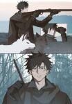  1boy aiming alternate_costume alternate_universe binoculars black_coat black_hair closed_mouth coat collared_shirt commentary forest from_side fushiguro_megumi gun gyokuken highres holding holding_binoculars holding_gun holding_weapon jujutsu_kaisen male_focus nature outdoors pinkuyuji rifle scar scar_on_face shirt sky sniper_rifle teeth weapon weapon_on_back white_wolf wolf 
