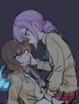  2girls blue_eyes blue_ribbon brown_hair flask glasses glowing glowing_eyes hair_bun heaven_burns_red heterochromia highres higuchi_seika hiiragi_kozue hitodama multiple_girls neck_ribbon open_mouth pink_eyes pink_hair rantan_0925 ribbon round-bottom_flask school_uniform short_hair sweatdrop yellow_eyes yuri 