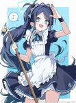  1girl :d apron aris_(blue_archive) aris_(maid)_(blue_archive) arm_up black_dress black_hair blue_archive blue_eyes commentary_request dress frills gradient_hair green_halo halo highres holding holding_mop keikonics long_hair maid maid_apron maid_headdress mop multicolored_hair neck_ribbon open_mouth ponytail ribbon short_sleeves smile solo very_long_hair wristband 