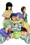  1980s_(style) 1980s_fashion 1boy 4girls aeug black_hair blue_hair commentary_request crossed_arms emma_sheen fa_yuiry faux_retro_artstyle four_murasame green_eyes gundam harem haro highres hug kamille_bidan kitazume_hiroyuki_(style) looking_at_another looking_at_viewer mecha_pilot_suit military_uniform multiple_expressions multiple_girls non-humanoid_robot pet purple_hair retro_artstyle robot rosamia_badam science_fiction spacesuit spoilers white_background wristband zeta_gundam zizi_(azusako3) 