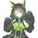  1girl absurdres ahoge animal_ears arknights artist_name bare_shoulders black_hair black_jacket choker closed_mouth colored_inner_hair crystal_horns detached_collar dress green_dress green_eyes green_hair highres horns huge_ahoge jacket jacket_partially_removed long_hair looking_at_viewer mon3tr_(arknights) multicolored_hair off_shoulder one_eye_closed sanlao1207 signature simple_background sleeves_past_fingers sleeves_past_wrists solo stethoscope stethoscope_around_neck twitter_username upper_body white_background 