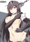  bad_id bad_pixiv_id black_gloves black_hair breasts character_name covering covering_breasts elbow_gloves eyebrows_visible_through_hair gloves hair_between_eyes headgear kantai_collection large_breasts nagato_(kantai_collection) open_mouth partly_fingerless_gloves red_eyes remodel_(kantai_collection) solo souji torn_clothes 
