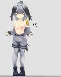  bangs belt bird_tail black_gloves black_hair breasts fingerless_gloves full_body gloves grey_background grey_hair grey_shirt grey_shorts kemono_friends long_hair looking_at_viewer low_ponytail multicolored_hair nipples no_bra orange_hair shirt shirt_pull shoebill_(kemono_friends) shorts side_ponytail simple_background sman solo standing undressing yellow_eyes 