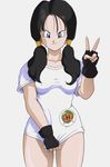  1girl artist_request black_hair blue_eyes dragon_ball dragonball_z erect_nipples erect_nipples_under_clothes female fingerless_gloves gloves hair_tubes long_hair looking_at_viewer nipples shirt solo tied_hair twintails videl 
