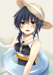  alternate_headwear asymmetrical_hair beach black_hair blue_innertube breasts brown_eyes framed_breasts hair_between_eyes hat i-13_(kantai_collection) innertube kantai_collection looking_at_viewer medium_breasts nagominomizu open_mouth sailor_collar sand school_swimsuit short_hair sitting solo sun_hat swimsuit 