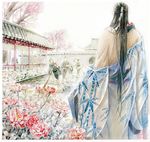 architecture black_hair broom chinese_clothes day east_asian_architecture faceless faceless_male facing_away flower hanfu lan_wen_xuan long_hair male_focus multiple_boys outdoors peony_(flower) standing traditional_media tree very_long_hair watercolor_(medium) 