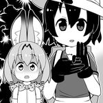  animal_ears backpack bag bangs bare_shoulders black_eyes black_gloves bow bowtie directional_arrow elbow_gloves eyebrows_visible_through_hair gloves greyscale hair_between_eyes hands_up hat hat_feather helmet hiruma_neru kaban_(kemono_friends) kemono_friends magic_trick monochrome multiple_girls open_mouth pith_helmet print_gloves print_neckwear serval_(kemono_friends) serval_ears serval_print shiny shiny_hair shirt short_hair short_sleeves shorts sleeveless sleeveless_shirt wavy_hair 